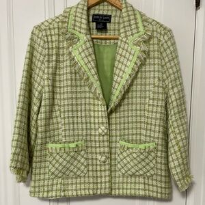 Green/white plaid fringe jacket . Cute pocket detail, fabric covered buttons. L